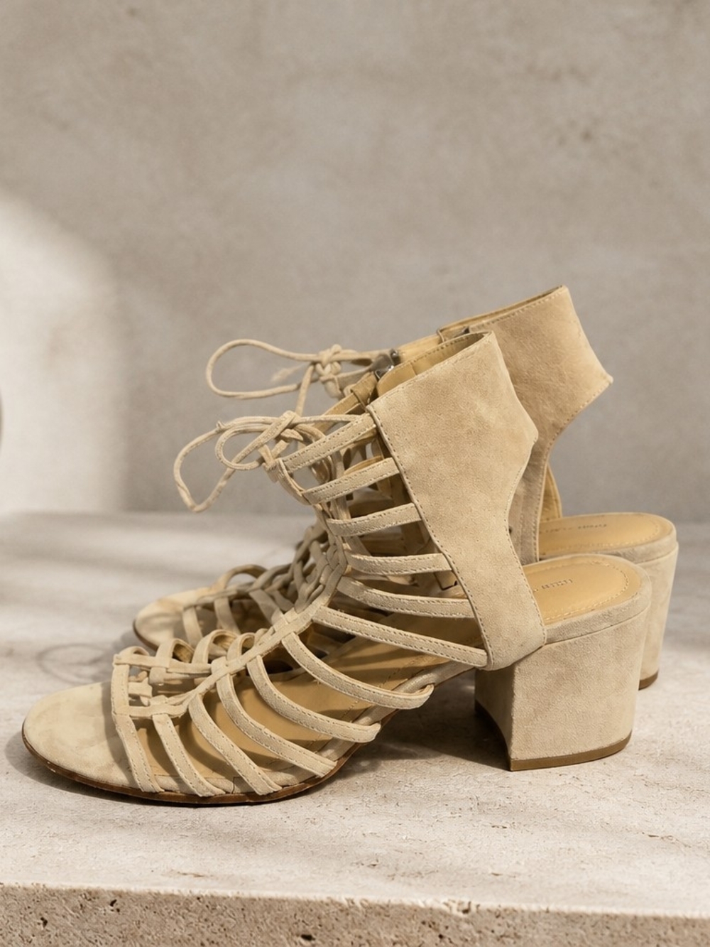 Pour La Victoire Beige Suede Lace-Up Gladiator Heels